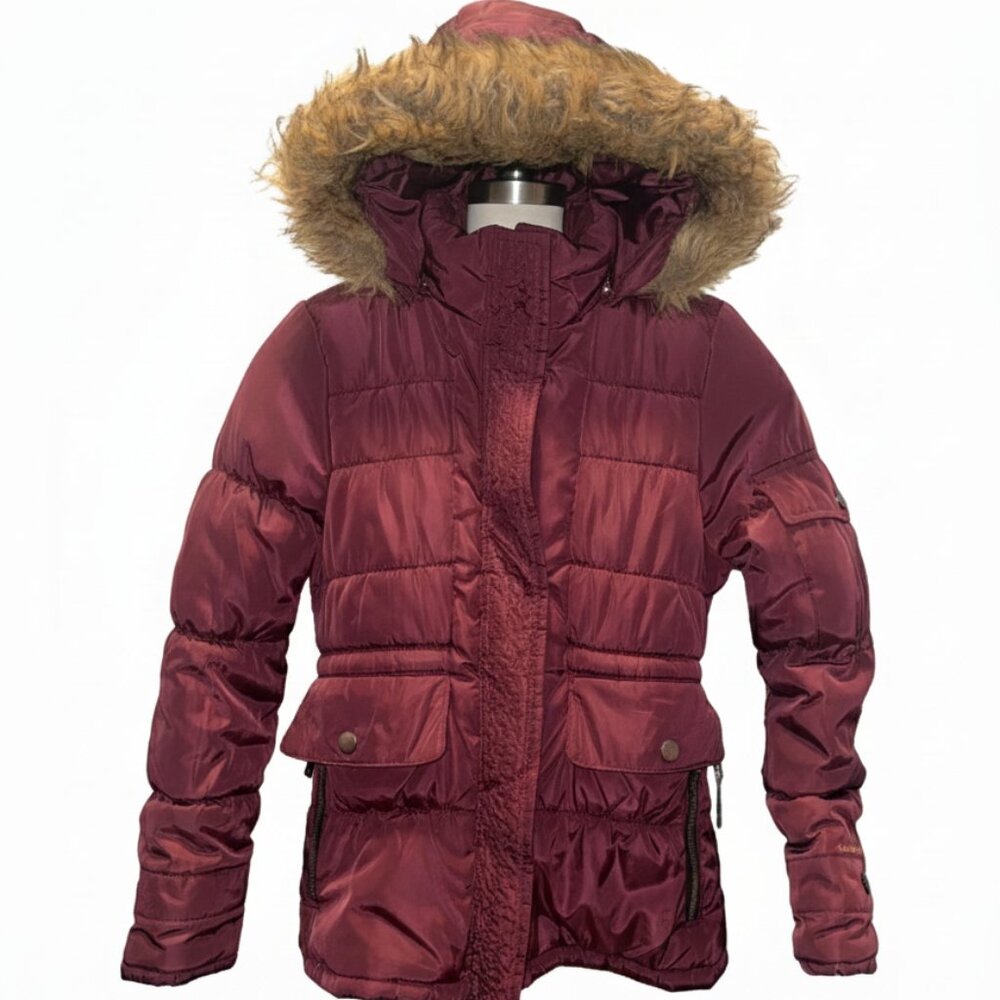 London Fog Girl’s Plum/Purple Puffer Coat with Faux Fur Trim Hood